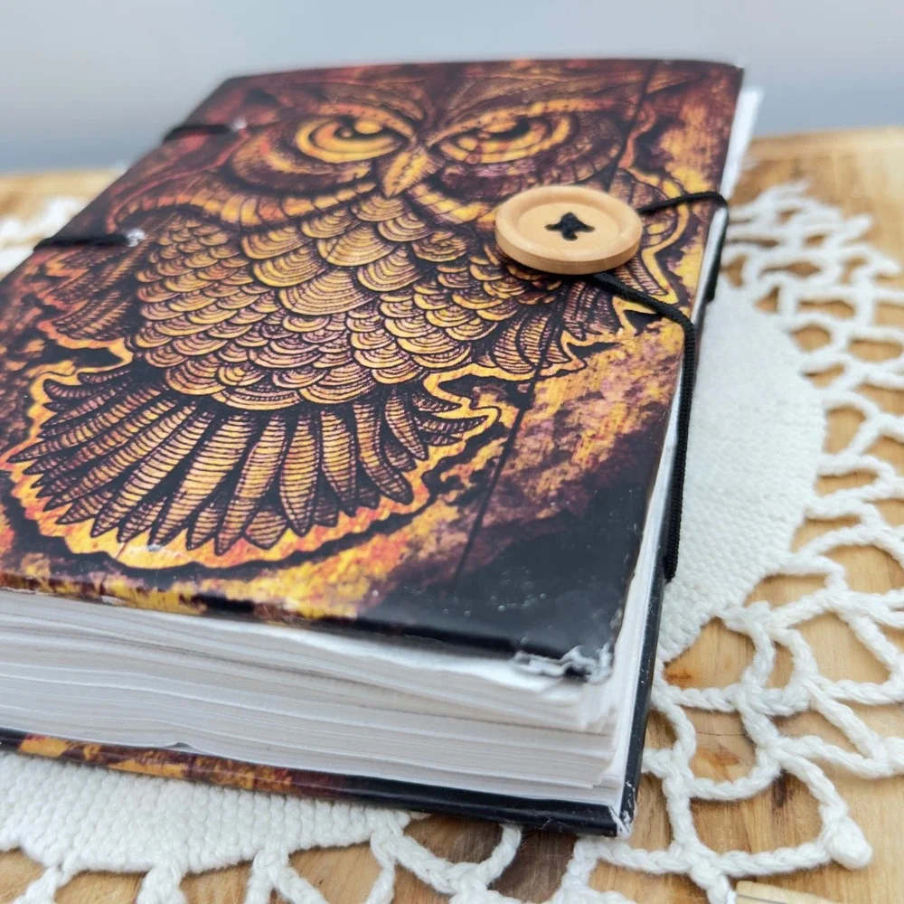 Handmade Owl Journal Brown Coptic Bound Hardcover Blank Sketchbook 8x5in Boho